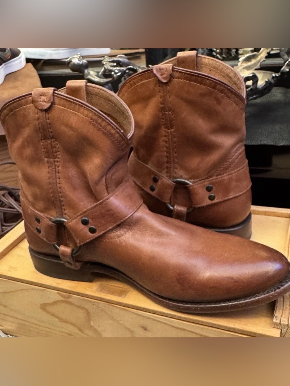 Frye Cognac Leather Harness Ankle Boots Women’s 8.5